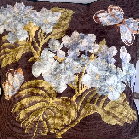 NEEDLEPOINT PILLOW Beautiful Vintage Handmade 15” Square Floral Butterfly Velvet - Picture 8 of 10